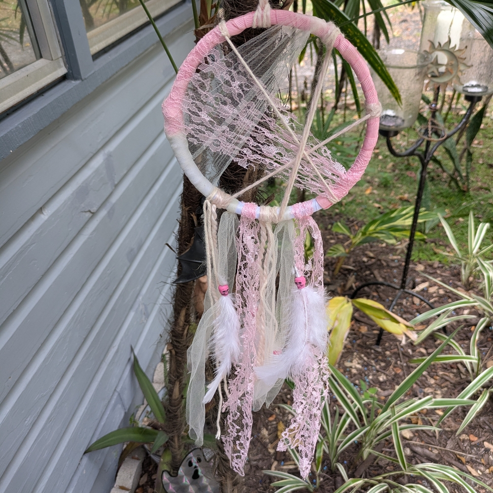 Pink and White Dreamcatcher with Feathers